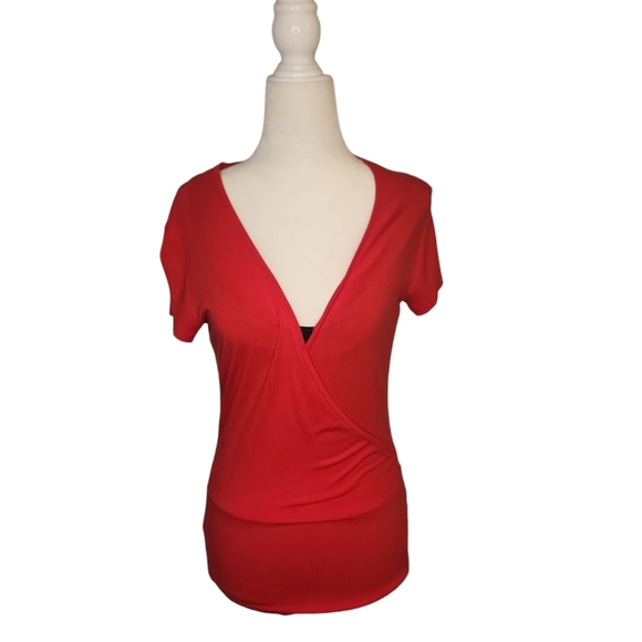 New York & Company Women's Vintage 90's Red V-Neck Wrap Top - Picture 1 of 12